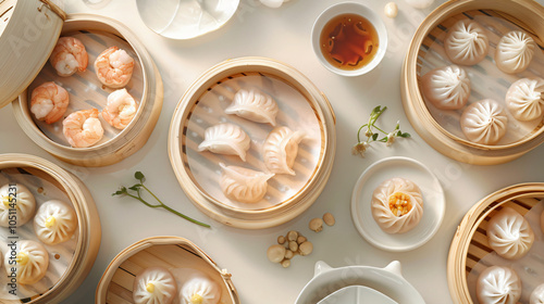 A detailed image showcasing a variety of dim sum dishes arranged in bamboo steamers accompanied by a small cup of tea and garnished with herbs for food presentation.