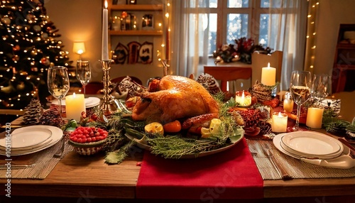 A festive table set for a Christmas dinner