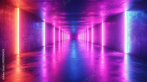 futuristic abstractrender with purple and blue neon lines reflecting on the floor, perfect for modern digital designs. photo