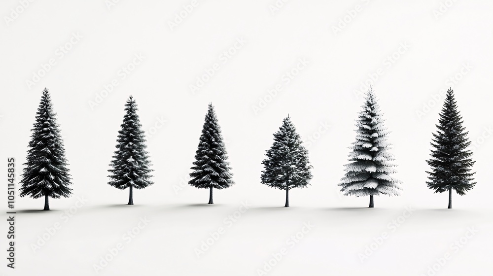2410 39.A simple set of Christmas trees, each unique in design, on a crisp white background. The trees range from classic, full pine shapes to more stylized, abstract representations, capturing the 2410 39.A simple set of Christmas trees, each unique in design, on a crisp white background. The trees range from classic, full pine shapes to more stylized, abstract representations, capturing the
