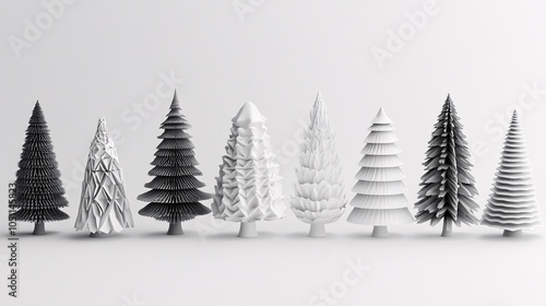 2410 39.A simple set of Christmas trees, each unique in design, on a crisp white background. The trees range from classic, full pine shapes to more stylized, abstract representations, capturing the photo