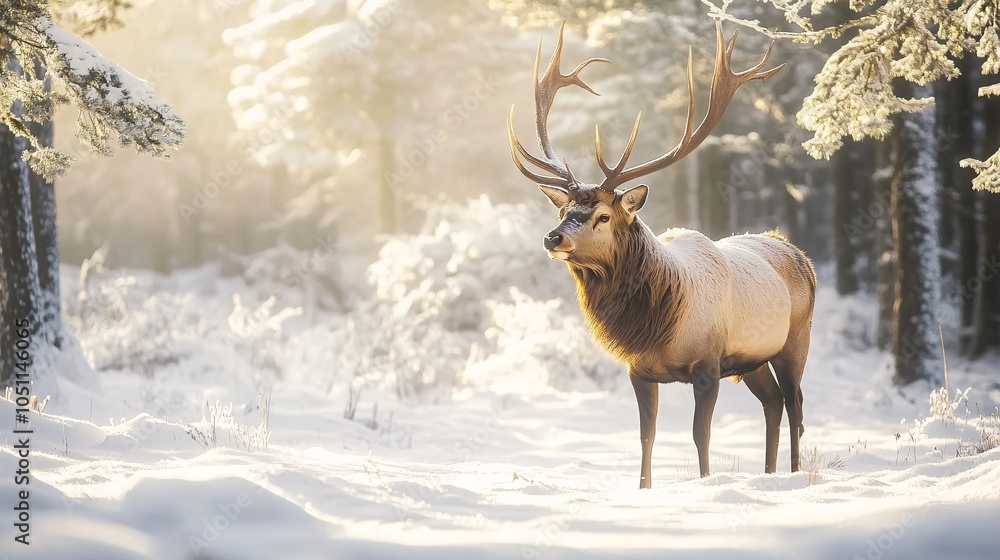 2410 89.A stunning image of a large stag with golden antlers in a snow-covered forest, its antlers glowing softly in the light of the snowy landscape. The snow blankets the ground and trees, creating 2410 89.A stunning image of a large stag with golden antlers in a snow-covered forest, its antlers glowing softly in the light of the snowy landscape. The snow blankets the ground and trees, creating