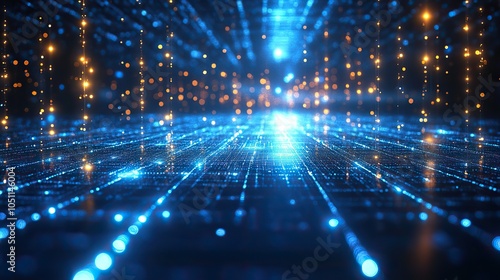 futuristic blue grid background with glowing white lines, showcasing technology theme.