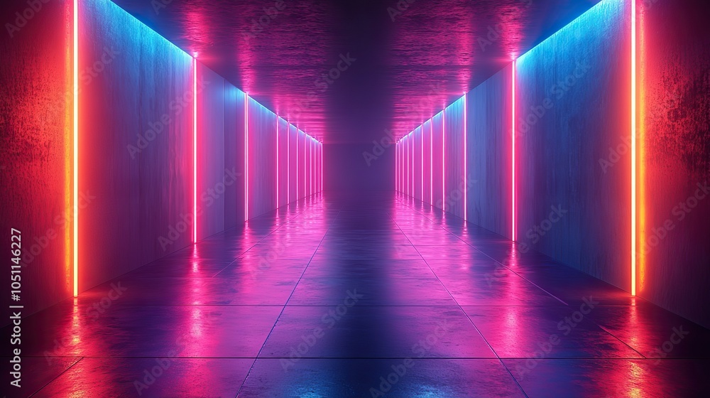 futuristic dark room with neon lines and reflections on the floor, creating digital display background ideal for modern futuristic dark room with neon lines and reflections on the floor, creating digital display background ideal for modern
