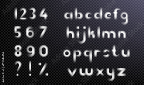 Smoke alphabet, steam font. Vector smoky cloud effect letters of text. Type and numbers vapor, magic halloween fog. Ghost background set. Horror spooky cloudy typography. Transparent gas ABC typeface
