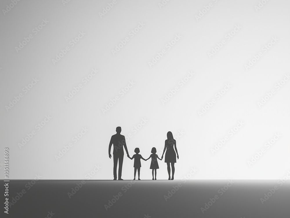 A minimalistic black-and-white silhouette of a family of four (two parents and two children) standing together, holding hands. A minimalistic black-and-white silhouette of a family of four (two parents and two children) standing together, holding hands.