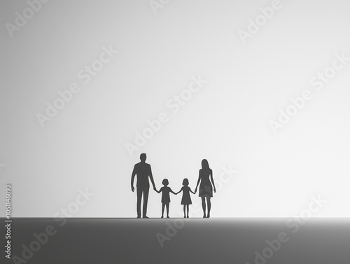 A minimalistic black-and-white silhouette of a family of four (two parents and two children) standing together, holding hands.