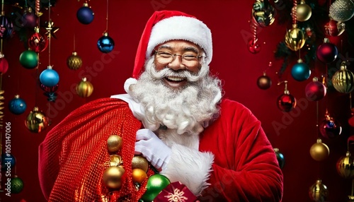 A cheerful Santa Claus laughing and holding a sack of presents