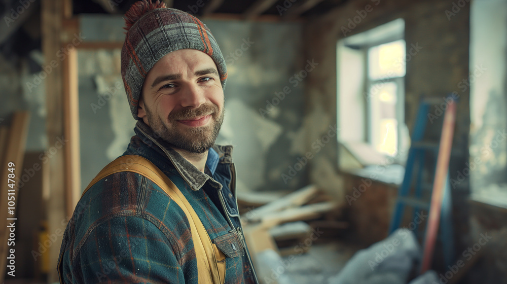 portrait of a happy construction worker in a renovating home portrait of a happy construction worker in a renovating home