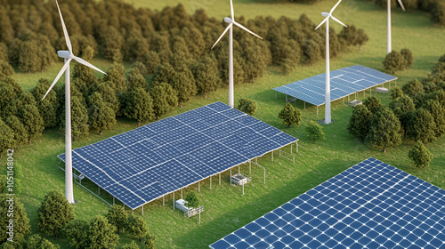 coexistence of wind and solar energy. Wind turbines and solar panels in a green landscape, demonstrating the potential of sustainable collaboration for a cleaner future photo