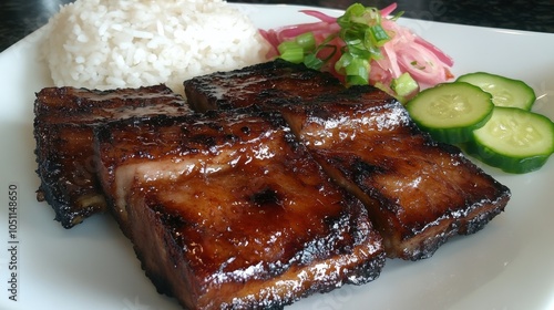 A tempting plate of char siu (Chinese BBQ pork) with a glossy glaze, served with steamed rice and pickled vegetables. photo