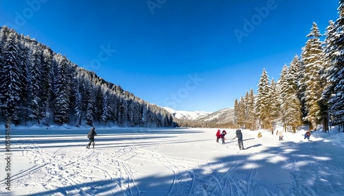 A winter wonderland with a frozen lake, people ice skating, and snow-covered pine trees under a clear blue sky.