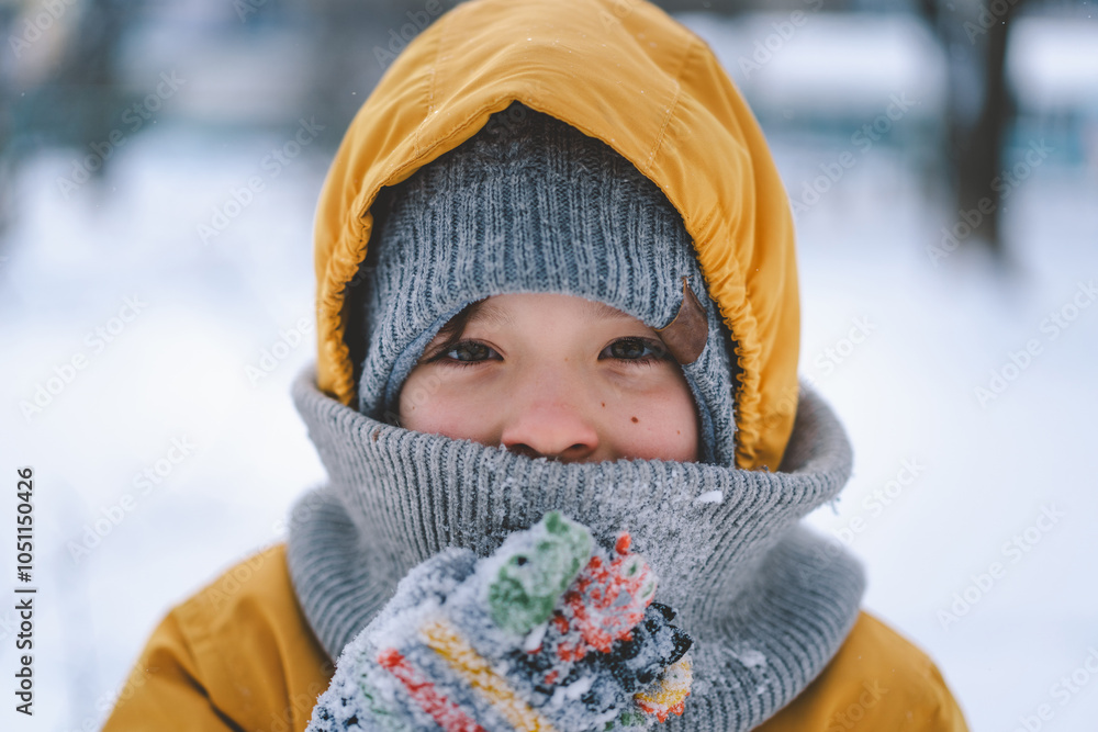 A joyful child enjoys the winter weather, bundled in warm clothing including a bright yellow jacket and a cozy knitted hat, surrounded by snow. A joyful child enjoys the winter weather, bundled in warm clothing including a bright yellow jacket and a cozy knitted hat, surrounded by snow.