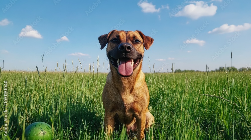 Cheerful dog sitting in a bright green field, tongue out, with a ball nearby and blue sky overhead. Cheerful dog sitting in a bright green field, tongue out, with a ball nearby and blue sky overhead.