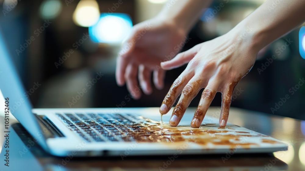 Hands reaching towards a laptop with spilled coffee, worried expression on a blurred background. Hands reaching towards a laptop with spilled coffee, worried expression on a blurred background.
