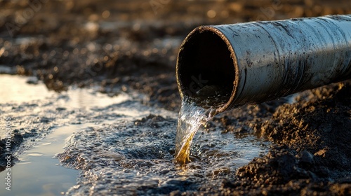 Oil flowing from a metal pipe on a barren field, close-up view with oil gleaming in sunlight, highlighting industrial extraction.