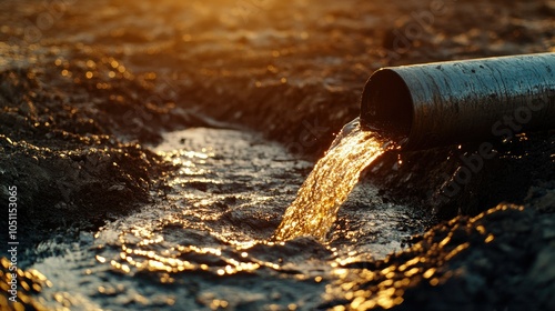 Oil flowing from a metal pipe on a barren field, close-up view with oil gleaming in sunlight, highlighting industrial extraction.