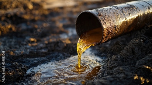 Oil flowing from a metal pipe on a barren field, close-up view with oil gleaming in sunlight, highlighting industrial extraction.