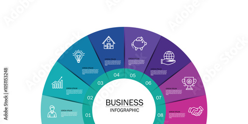 Business infographic semicircle template with 8 options