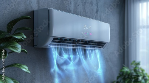 Cool air: air conditioner with ioniser and water vapour, concept of a cooling mechanism and pure air, the summer heat and maintain wellbeing at high temperatures