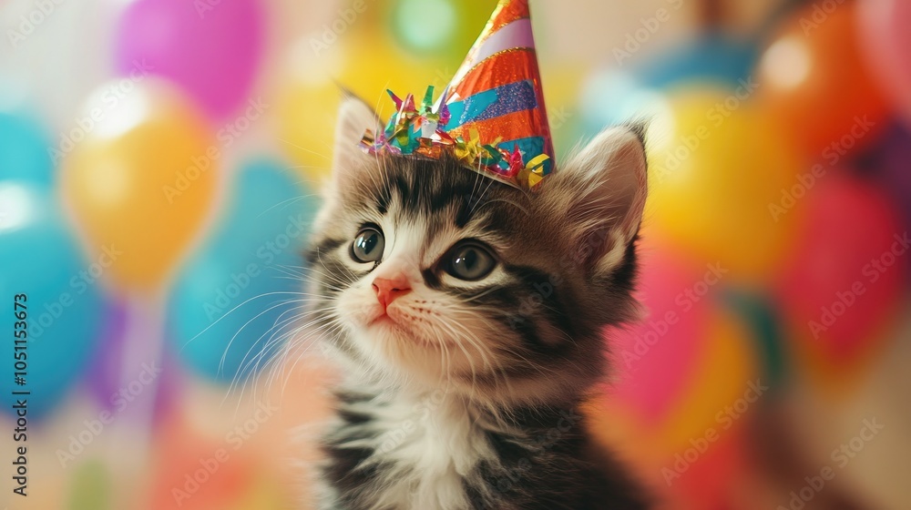 Playful kitten in a festive hat, looking happy at a birthday party, colorful background Playful kitten in a festive hat, looking happy at a birthday party, colorful background