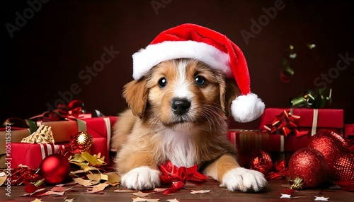 A playful puppy wearing a Santa hat, surrounded by Christmas decorations and scattered wrapping paper