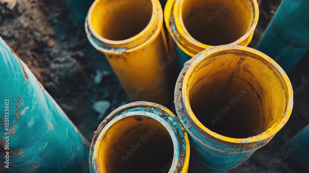 PVC sewer pipes arranged on construction site, representing infrastructure expansion and repair PVC sewer pipes arranged on construction site, representing infrastructure expansion and repair