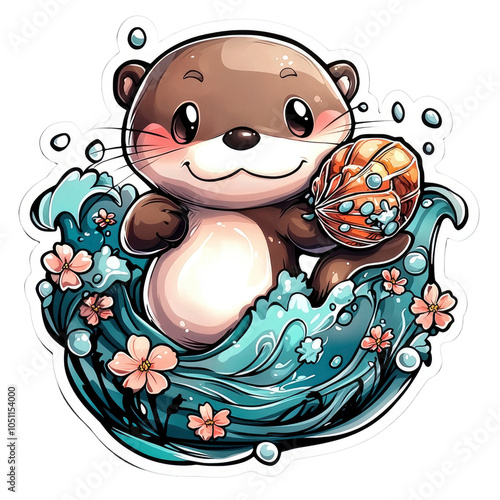 Cute Otter Playing in the Ocean Waves with a Shell photo