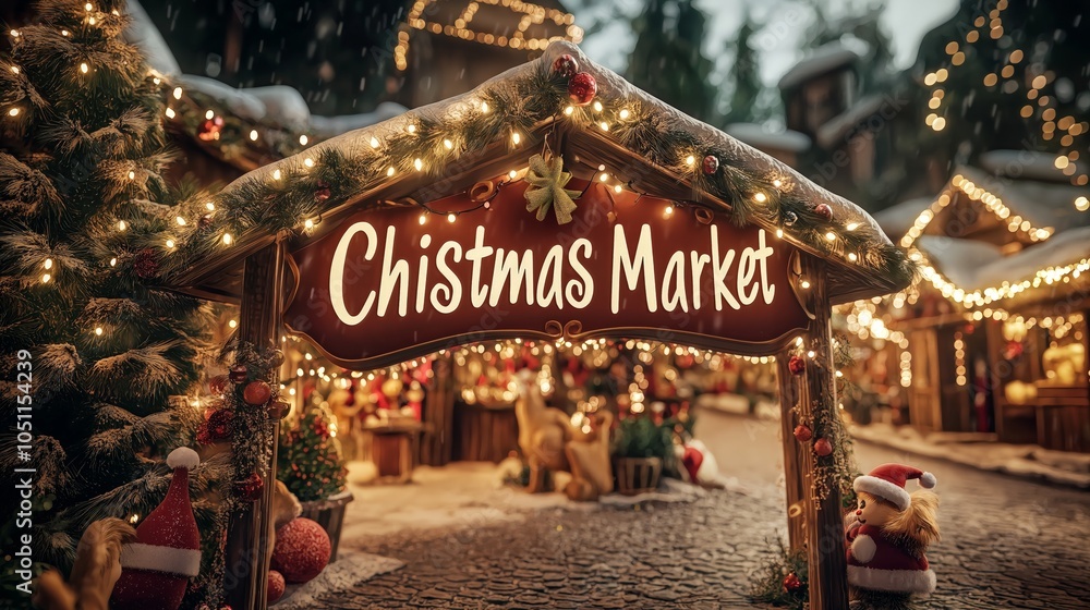 Festive Christmas market decorated with lights and winter charm. Festive Christmas market decorated with lights and winter charm.
