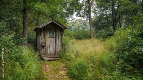 Rustic toilet house in the woods, hidden by tall grass, with a charming, weathered look.