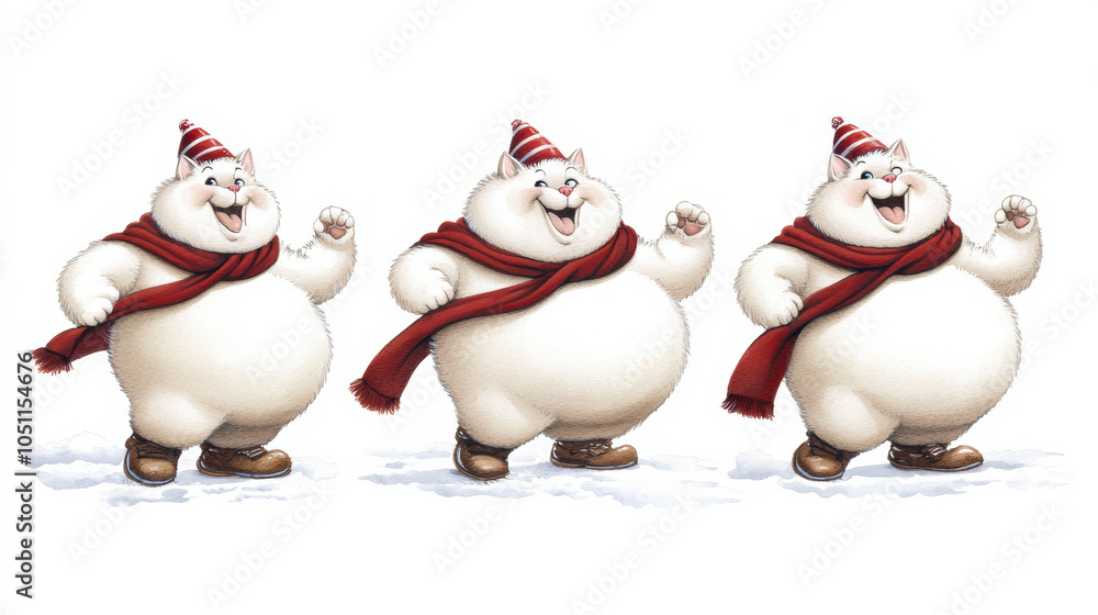 Fototapeta premium Joyful and playful characters in winter attire, showcasing festive spirit with their cheerful expressions. Perfect for holiday themes and celebrations