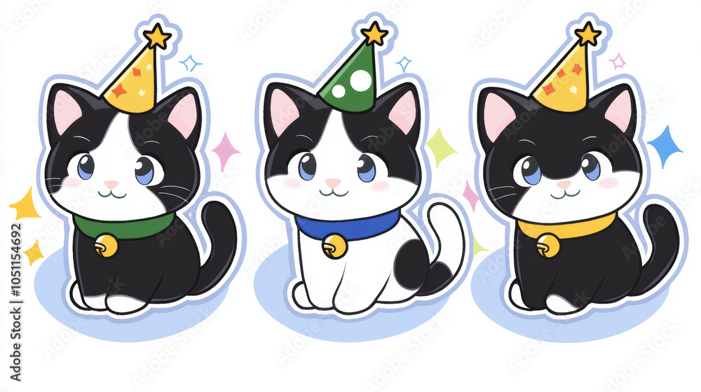 Fototapeta premium Cute and playful cartoon cats wearing party hats, showcasing their joyful expressions. Perfect for celebrations and festive themes