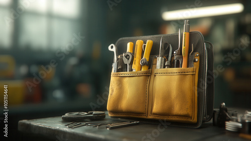 Close up of construction tool belt filled with various tools, showcasing well organized selection of wrenches, screwdrivers, and pliers. warm tones of leather add touch of craftsmanship to scene photo