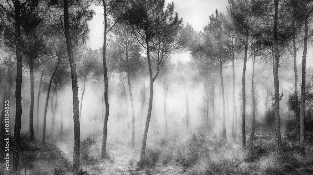 Obraz premium The fog sweeps through a forest of pines, softening the edges of the trees and creating a mysterious scene