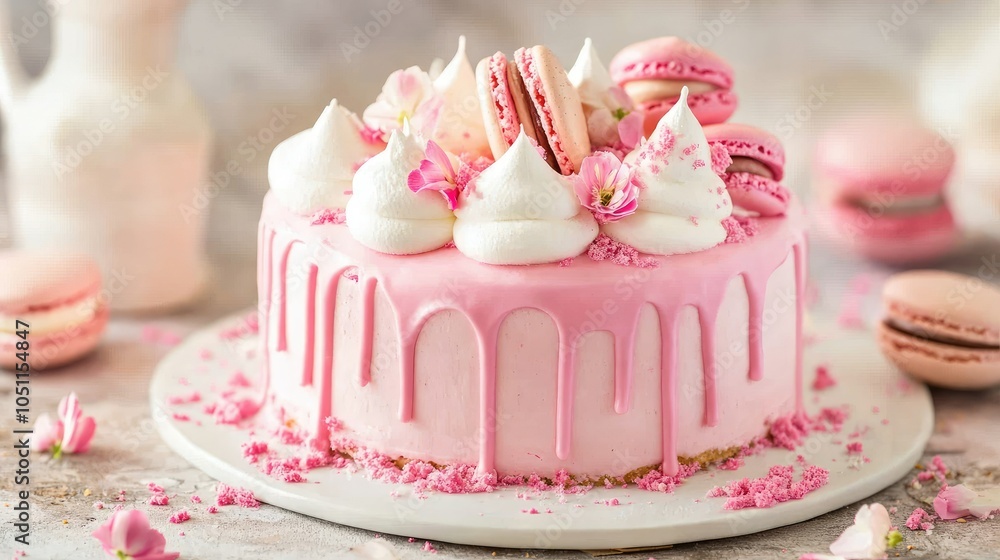 Soft pink cake with white icing, adorned with meringues and macarons, a delightful princess dessert Soft pink cake with white icing, adorned with meringues and macarons, a delightful princess dessert