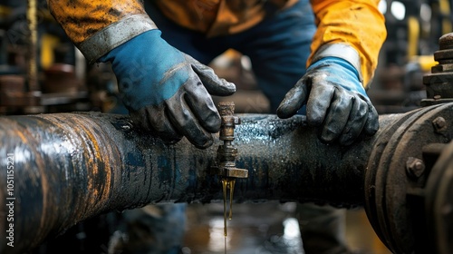 Technician wearing gloves inspecting oil dripping from a cracked pipe joint.