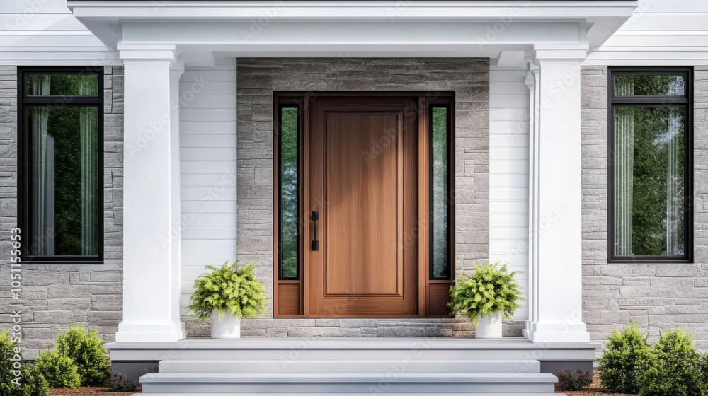 A wooden front door, surrounded by windows, with white, blue, and stone siding A wooden front door, surrounded by windows, with white, blue, and stone siding