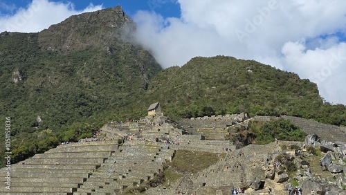 Guardhouse building overlooking the ancient archaeological site of Machu Pichu