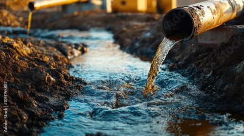 Wallpaper Mural Zoomed-in shot of petroleum flowing from a pipeline, with rough ground and industrial equipment nearby in an oil field. Torontodigital.ca
