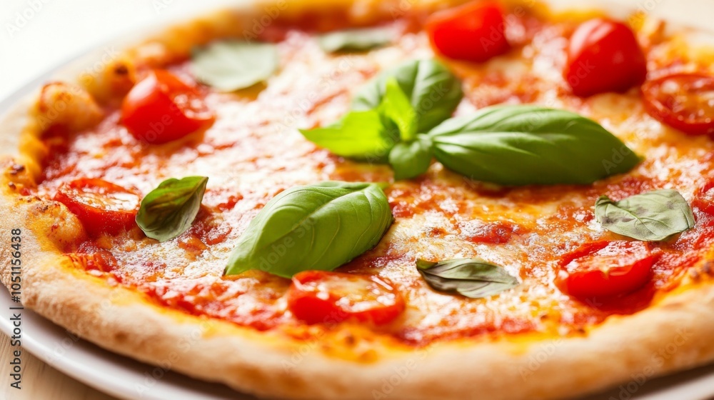 Close-Up of Fresh Pizza with Basil and Tomato Close-Up of Fresh Pizza with Basil and Tomato