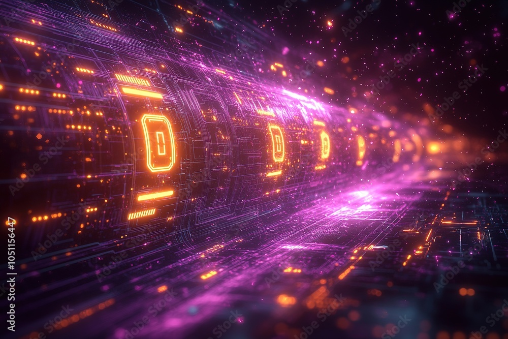 Obraz premium Abstract digital tunnel with glowing lines and binary code.