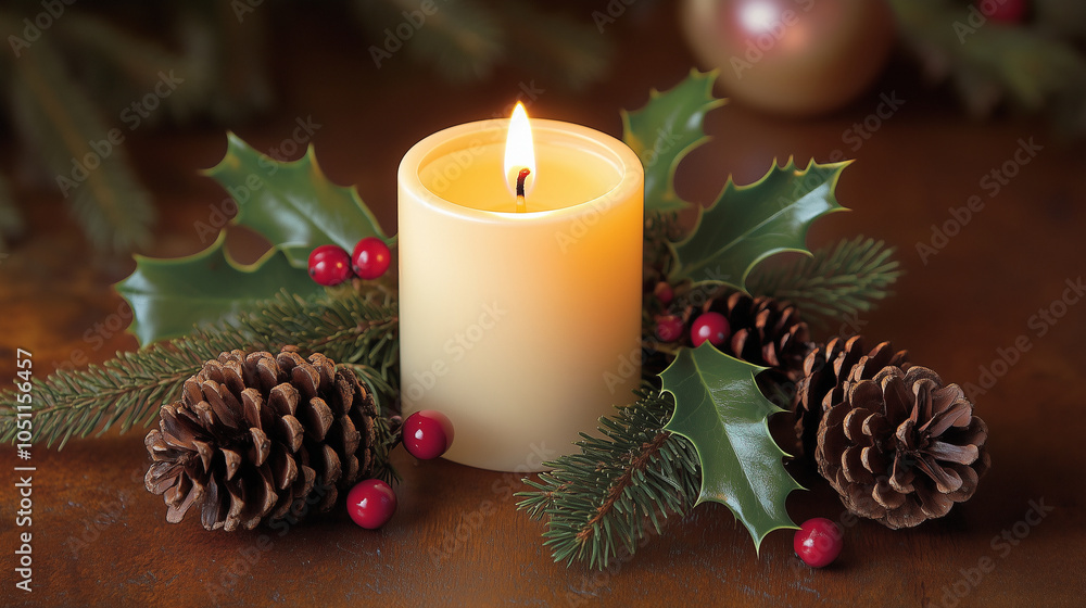 A single lit candle on a Christmas-themed table setting with a few sprigs of holly and pine cones, creating a warm and minimalist holiday atmosphere A single lit candle on a Christmas-themed table setting with a few sprigs of holly and pine cones, creating a warm and minimalist holiday atmosphere