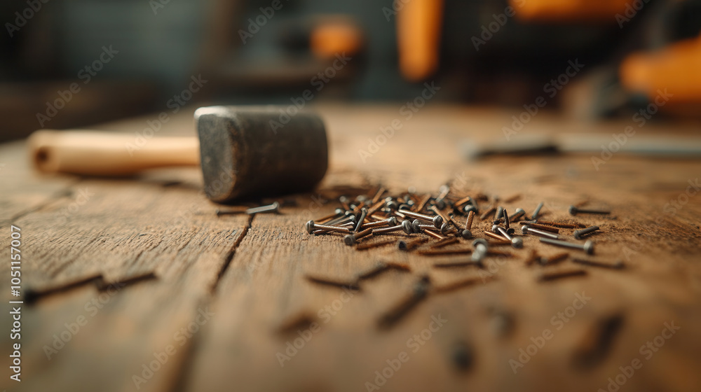 Close up of construction tools, including hammer and scattered nails on wooden surface, showcasing workshop environment filled with essential equipment Close up of construction tools, including hammer and scattered nails on wooden surface, showcasing workshop environment filled with essential equipment