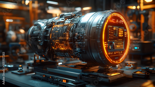 3D Rendering of an Electric Motor Glowing with Blue and Orange Energy – Futuristic Representation of Innovation, Technology, and Sustainable Power Solutions
 photo