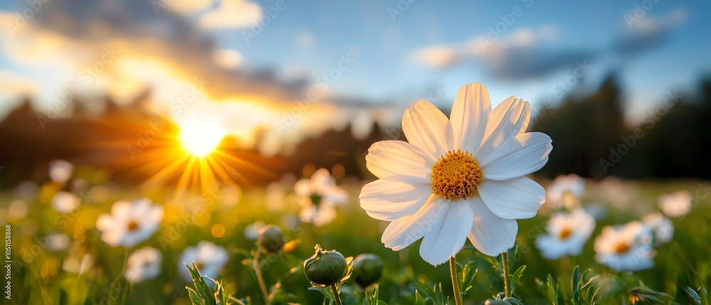 Cosmos flowers bathed in the warm glowing light of the golden hour sunset their vibrant petals radiant against the peaceful picturesque countryside landscape Cosmos flowers bathed in the warm glowing light of the golden hour sunset their vibrant petals radiant against the peaceful picturesque countryside landscape