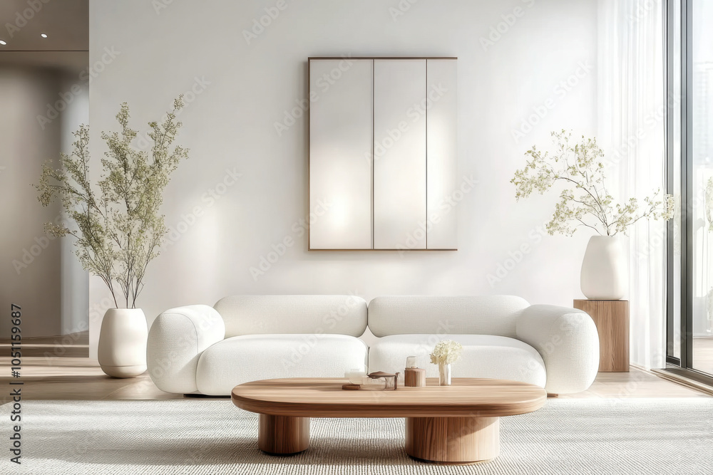 Fototapeta premium White and clean Minimalist living room , japandi interior design of modern