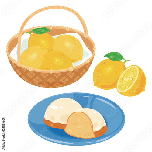 皿に盛られたレモンケーキとザルに盛られたレモン