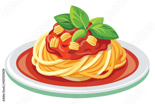 Spaghetti with Tomato Sauce, Parmesan, and Basil Icon Classic Pasta Plate, Isolated Vector Design.