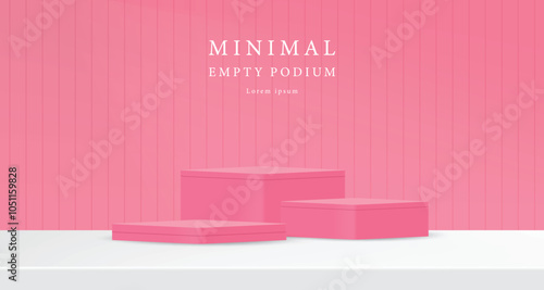 3D pink podium set background with pink and shadow. Abstract geometric composition in minimalist design. 3D studio display showroom product pedestal, Fashion stage showcase mockup scene.