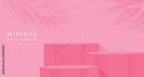 3D pink podium set background with pink and shadow. Abstract geometric composition in minimalist design. 3D studio display showroom product pedestal, Fashion stage showcase mockup scene.